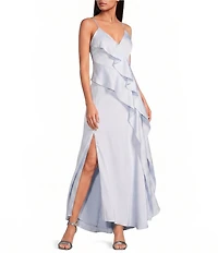 Gianni Bini Quinn Ruffle Draped V-Neck Sleeveless Satin Dress