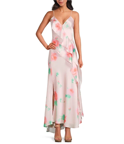 Gianni Bini Quinn Satin Ruffle Draped V-Neck Sleeveless Maxi Dress