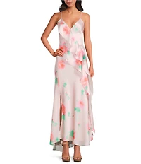 Gianni Bini Quinn Satin Ruffle Draped V-Neck Sleeveless Maxi Dress