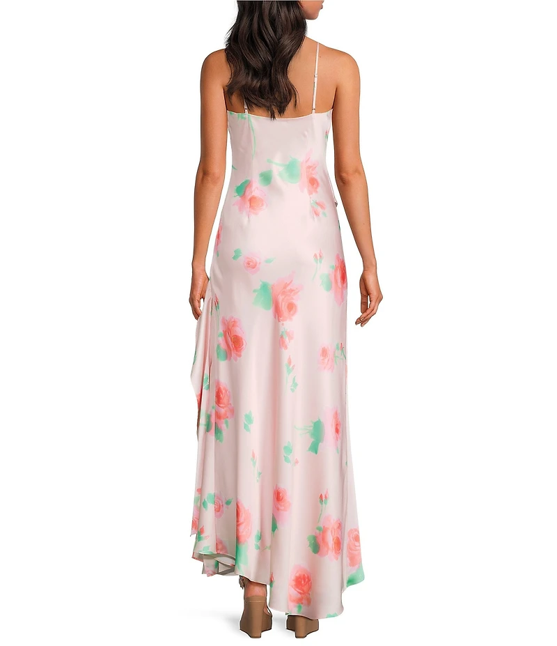 Gianni Bini Quinn Satin Ruffle Draped V-Neck Sleeveless Maxi Dress