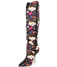 Gianni Bini Risky Casino Print Embellished Martini Heel Dress Boots