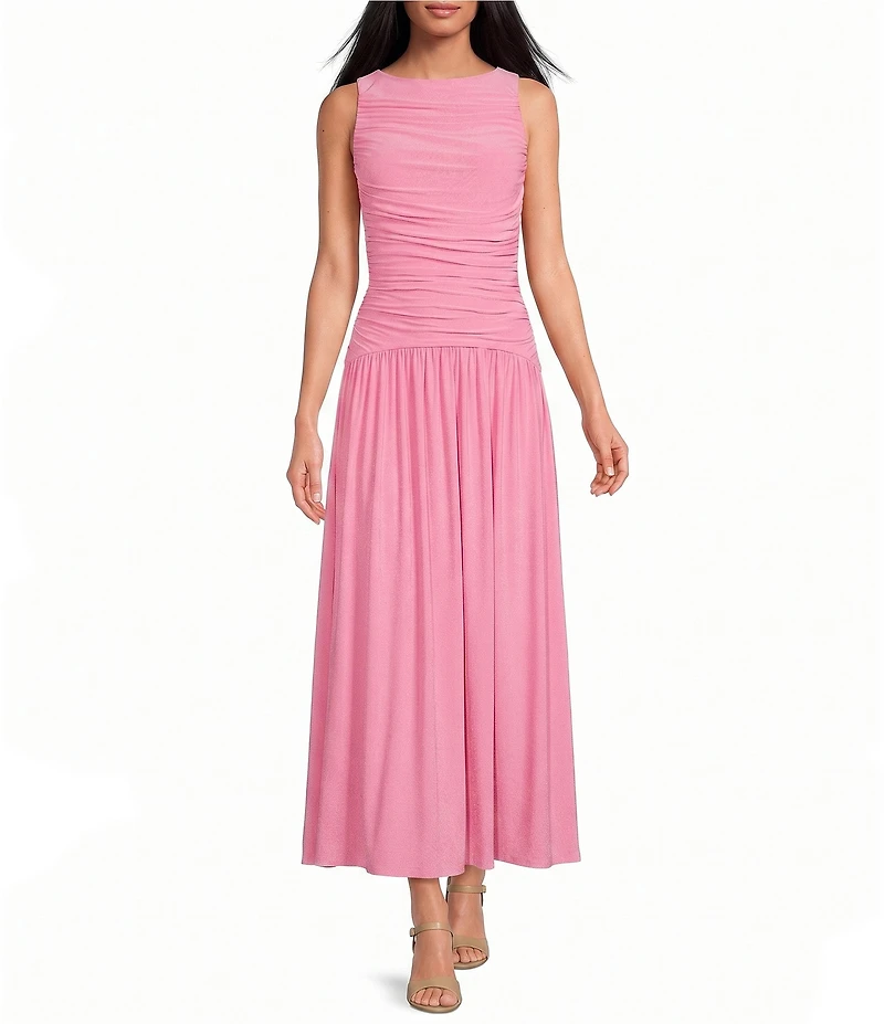 Gianni Bini Ruched Knit Boat Neck Sleeveless A-Line Maxi Dress