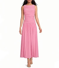 Gianni Bini Ruched Knit Boat Neck Sleeveless A-Line Maxi Dress