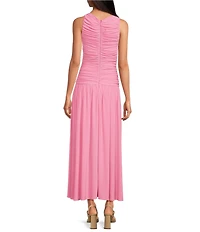 Gianni Bini Ruched Knit Boat Neck Sleeveless A-Line Maxi Dress
