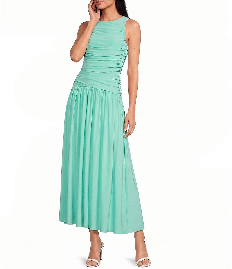 Gianni Bini Ruched Knit Boat Neck Sleeveless A-Line Maxi Dress