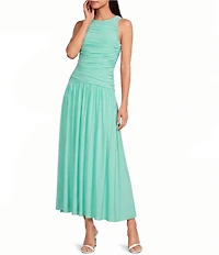Gianni Bini Ruched Knit Boat Neck Sleeveless A-Line Maxi Dress