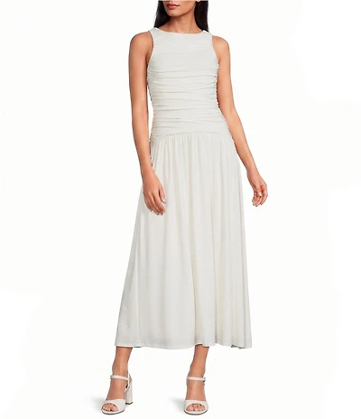 Gianni Bini Ruched Knit Boat Neck Sleeveless A-Line Maxi Dress