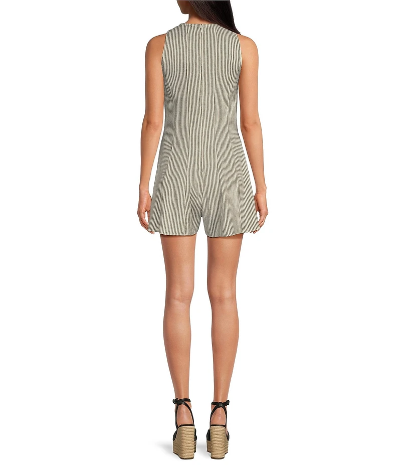 Gianni Bini Samie Linen Blend Pin Stripe Crew Neck Sleeveless Romper