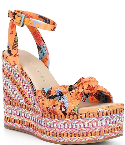 Gianni Bini Sanders Knotted Print Beaded Wedge Platform Sandals