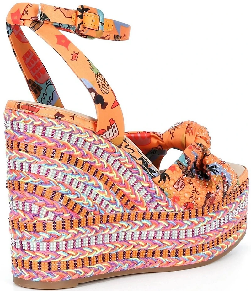 Gianni Bini Sanders Knotted Print Beaded Wedge Platform Sandals