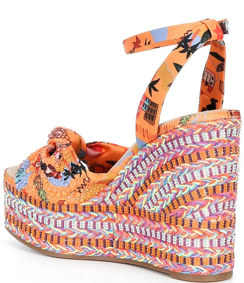 Gianni Bini Sanders Knotted Print Beaded Wedge Platform Sandals