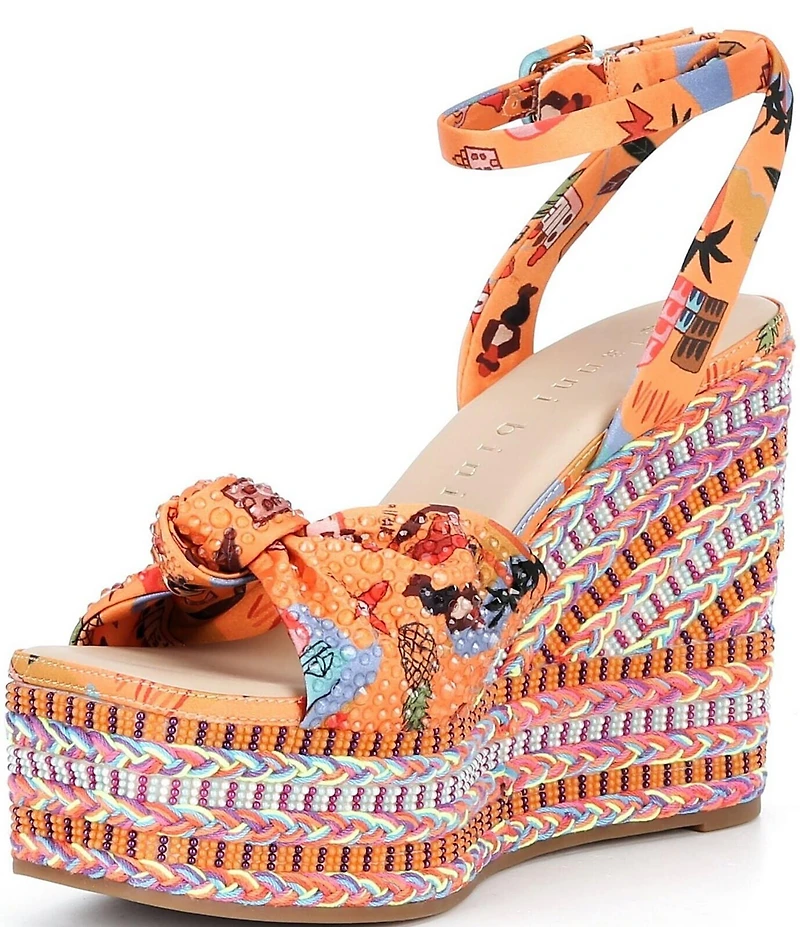 Gianni Bini Sanders Knotted Print Beaded Wedge Platform Sandals