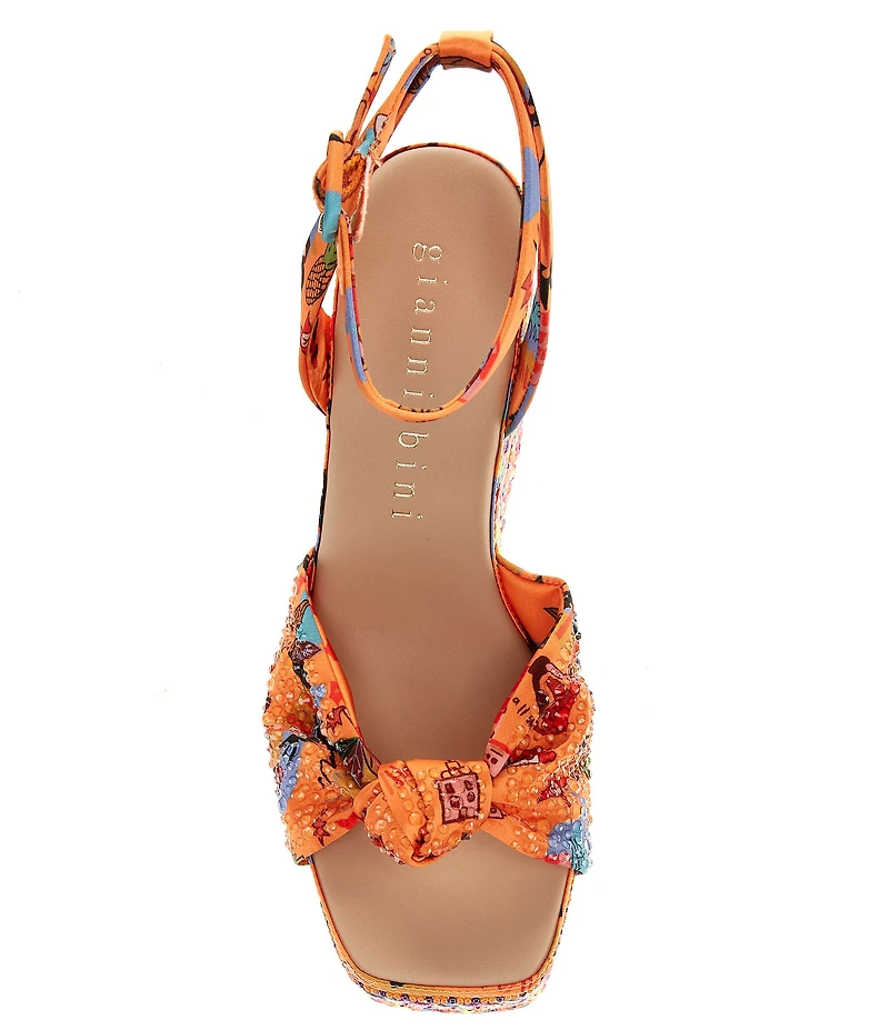 Gianni Bini Sanders Knotted Print Beaded Wedge Platform Sandals