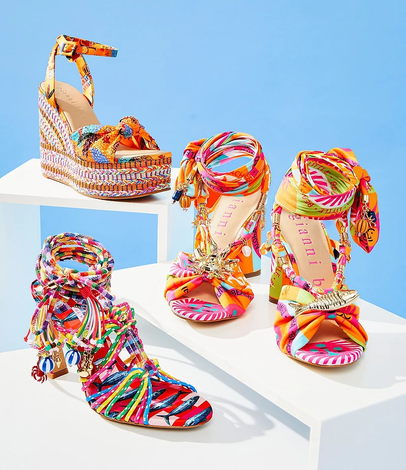 Gianni Bini Sanders Knotted Print Beaded Wedge Platform Sandals
