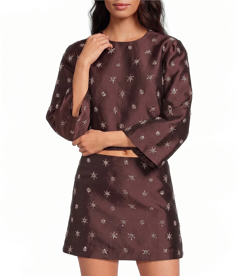 Gianni Bini Sarah Bead Embroidered Jewel Neck Long Sleeve Coordinating Top
