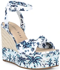 Gianni Bini Shanessa Two Palm Print Knot Jute Platform Wedge Sandals