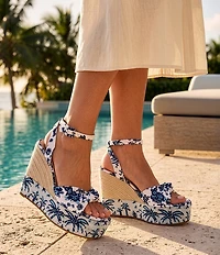 Gianni Bini Shanessa Two Palm Print Knot Jute Platform Wedge Sandals