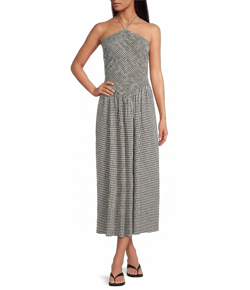 Gianni Bini Sonia Gingham Print Halter Neck Sleeveless Maxi Dress