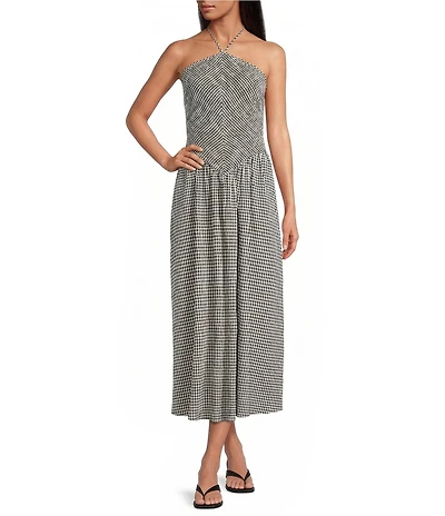 Gianni Bini Sonia Gingham Print Halter Neck Sleeveless Maxi Dress