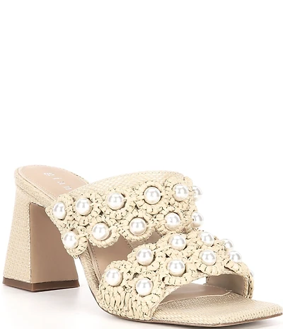 Gianni Bini Suni Raffia Pearl Ornamented Dress Slide Sandals