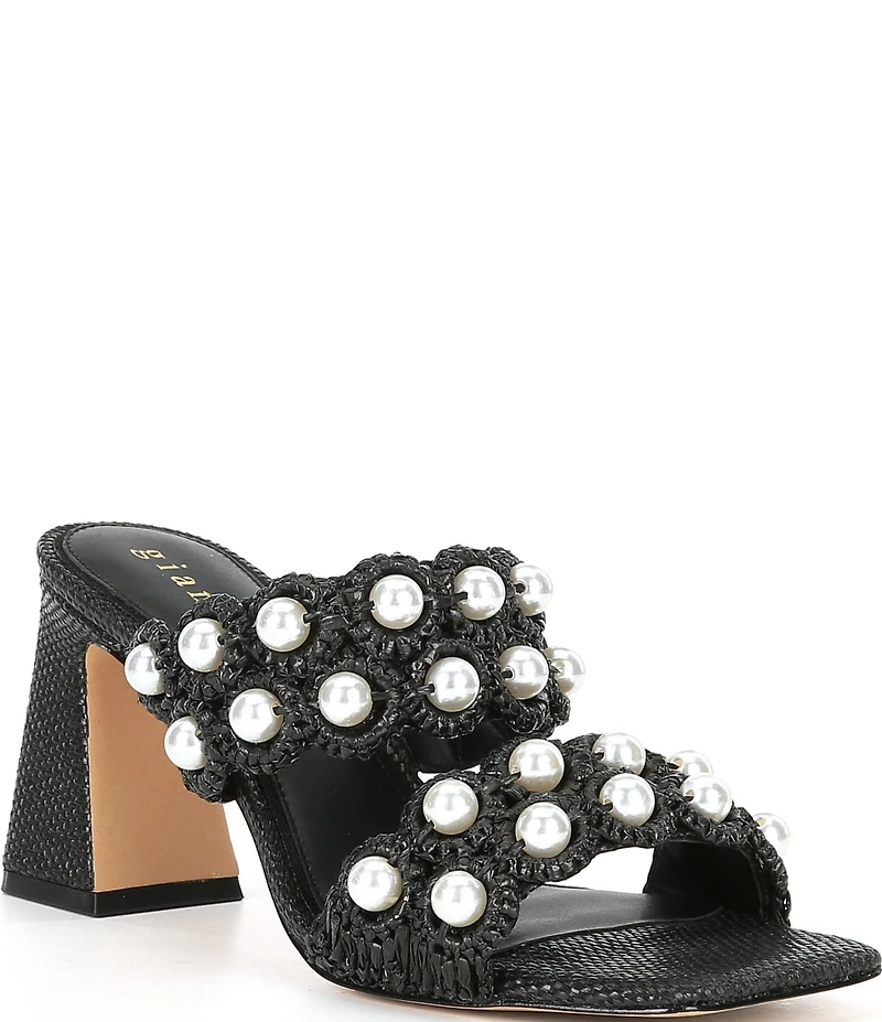 Gianni Bini Suni Raffia Pearl Ornamented Dress Slide Sandals