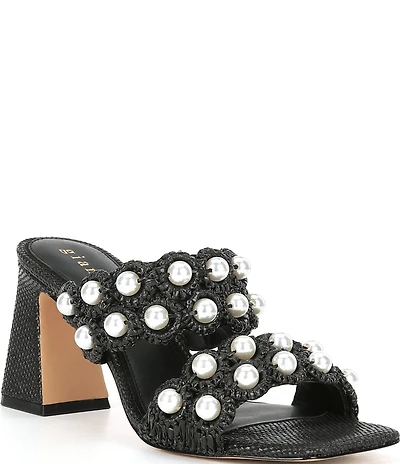 Gianni Bini Suni Raffia Pearl Ornamented Dress Slide Sandals