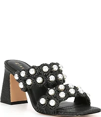 Gianni Bini Suni Raffia Pearl Ornamented Dress Slide Sandals