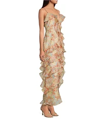 Gianni Bini Sylvia Floral Organza Ruffle Draped V-Neck Sleeveless Midi Dress