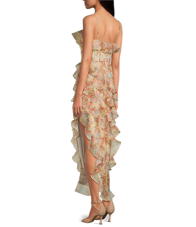 Gianni Bini Sylvia Floral Organza Ruffle Draped V-Neck Sleeveless Midi Dress