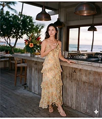 Gianni Bini Sylvia Floral Organza Ruffle Draped V-Neck Sleeveless Midi Dress