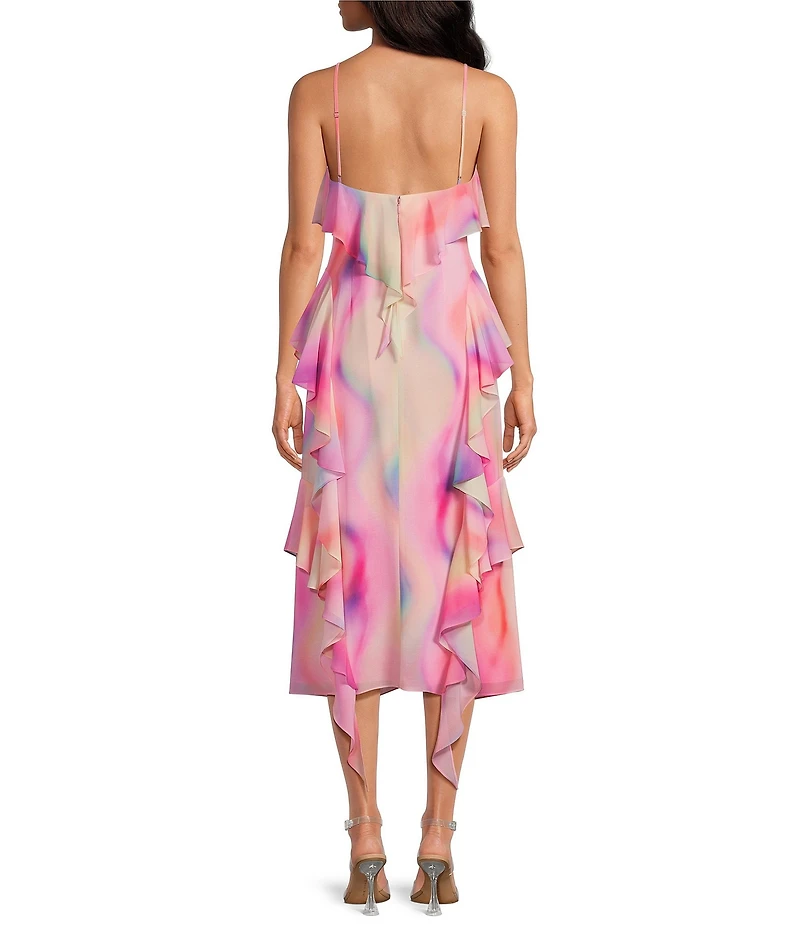 Gianni Bini Tammy Printed Chiffon Ruffle V-Neck Dress