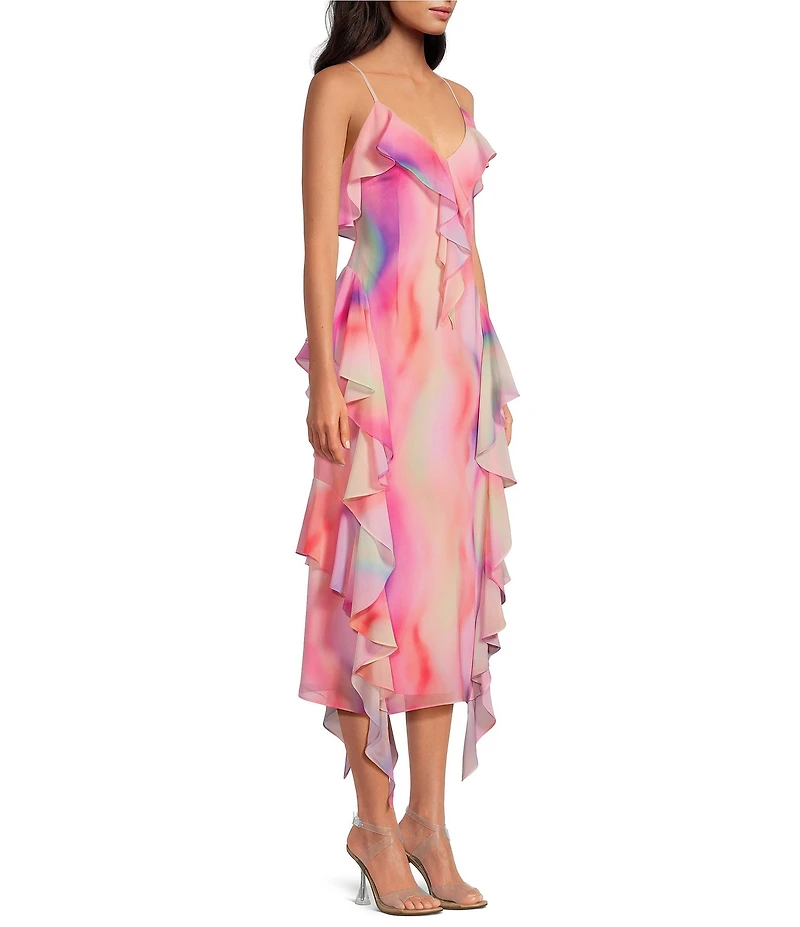 Gianni Bini Tammy Printed Chiffon Ruffle V-Neck Dress