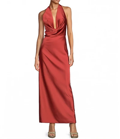Gianni Bini Tasha Halter Cowl Neck Satin Slip Maxi Dress
