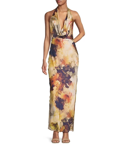 Gianni Bini Tasha Printed Halter Cowl Neck Satin Slip Maxi Dress