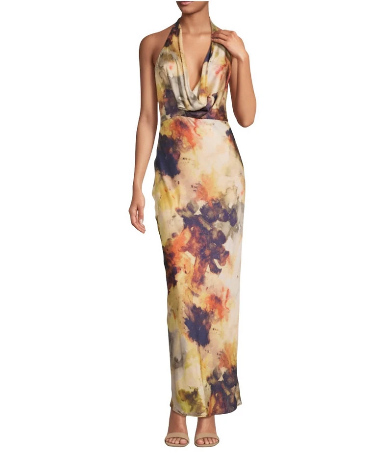 Gianni Bini Tasha Printed Halter Cowl Neck Satin Slip Maxi Dress