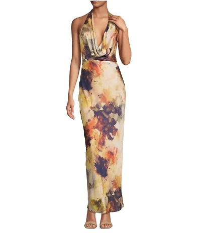 Gianni Bini Tasha Printed Halter Cowl Neck Satin Slip Maxi Dress