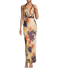 Gianni Bini Tasha Printed Halter Cowl Neck Satin Slip Maxi Dress
