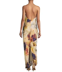 Gianni Bini Tasha Printed Halter Cowl Neck Satin Slip Maxi Dress