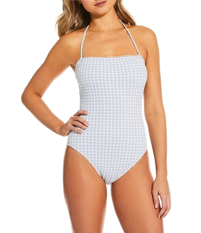 Gianni Bini Textured Gingham Loop Trim Bandeau One Piece Swimsuit