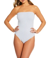 Gianni Bini Textured Gingham Loop Trim Bandeau One Piece Swimsuit