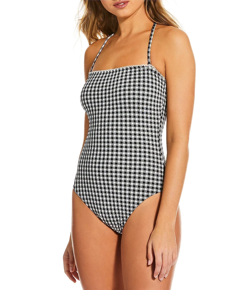 Gianni Bini Textured Gingham Loop Trim Bandeau One Piece Swimsuit