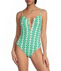 Gianni Bini Textured Retro Fille V-Wire Plunge One Piece Swimsuit