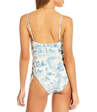 Gianni Bini Textured Ribbed Mademoiselle Toile Print Ruched Side One Piece Swimsuit