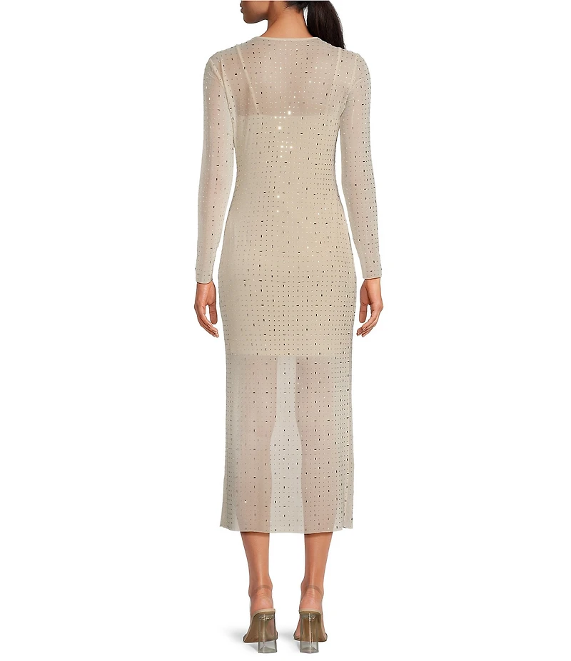 Gianni Bini Tilly Rhinestone Mesh Crew Neck Long Sleeve Midi Dress