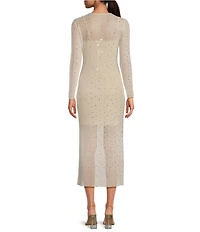 Gianni Bini Tilly Rhinestone Mesh Crew Neck Long Sleeve Midi Dress