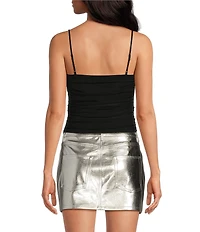 Gianni Bini Violet Mesh Ruched Straight Neck Spaghetti Strap Crop Tank