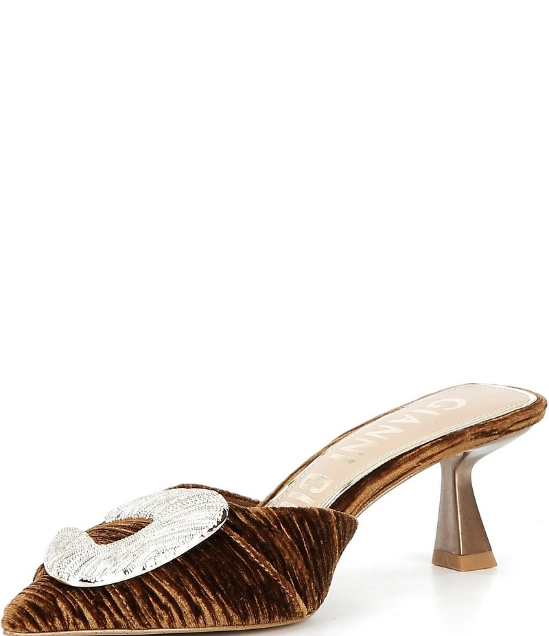 Gianni Bini Wendella Ruched Velvet Buckle Ornament Dress Mules