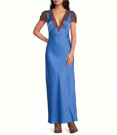 Gianni Bini Willa Satin V-Neck Short Sleeve Lace Trim Long Dress