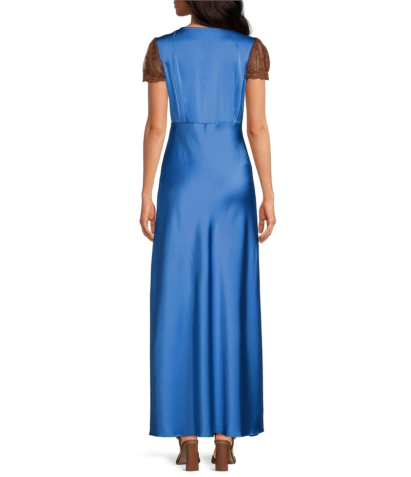 Gianni Bini Willa Satin V-Neck Short Sleeve Lace Trim Long Dress