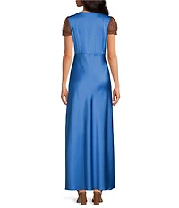 Gianni Bini Willa Satin V-Neck Short Sleeve Lace Trim Long Dress